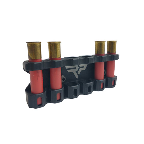 El Lok 444 Quiver de RANGER POINT sostiene seis cartuchos .410, con un sistema de retención O-ring y copas protectoras para recargas rápidas y seguras.